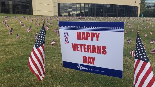 "Happy Veterans Day" UT Dallas yard sign